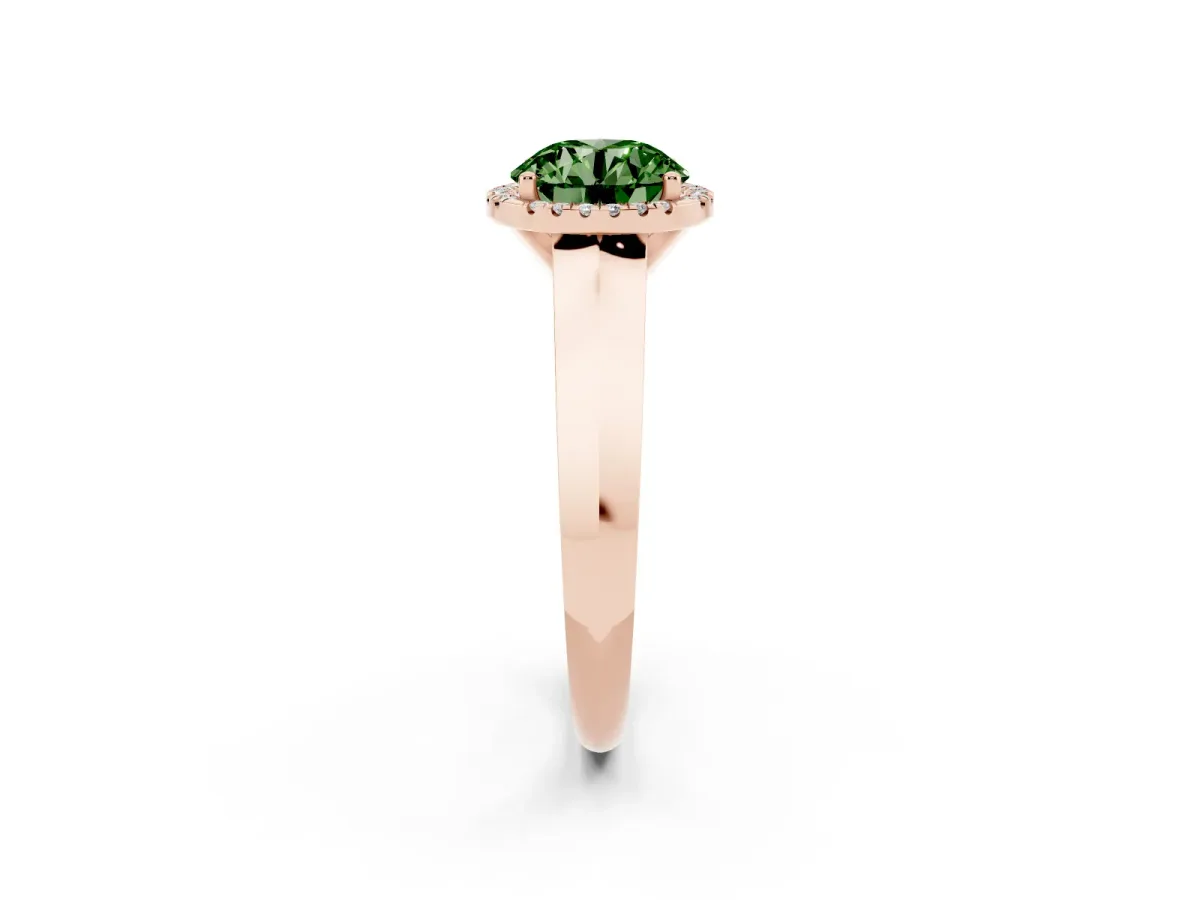 Fancy Green Round Cut Halo Diamond Ring with Cathedral Band and Four-Prong Setting Rose gold