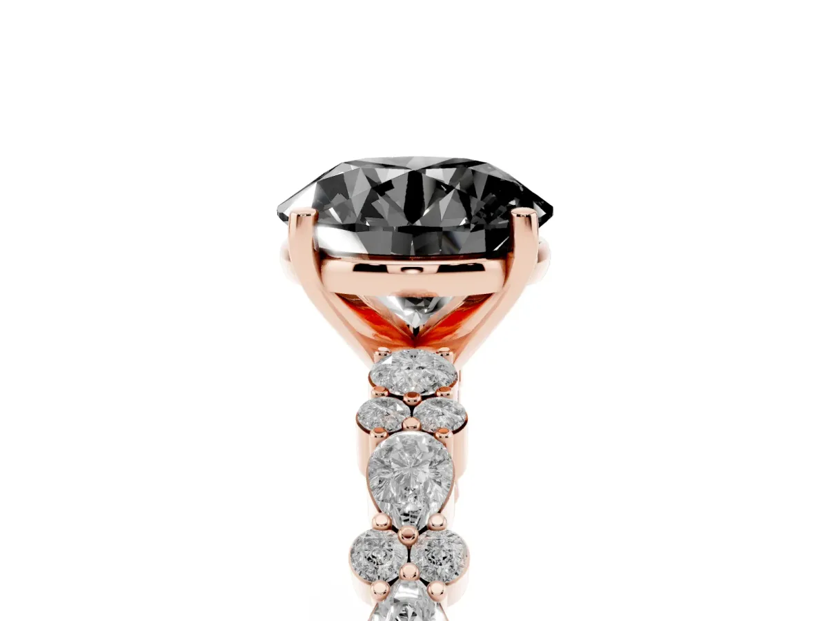 Fancy Black Round Cut Diamond Side Stone Solitaire Ring with Round and Four-Prong Setting Rose gold