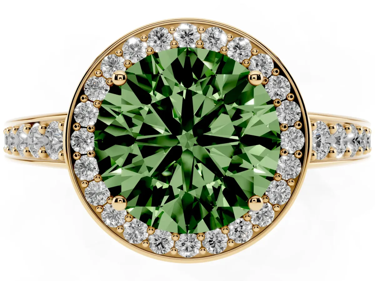 Fancy Green Round Cut Halo Pavé Diamond Engagement Ring with Bezel Setting Yellow gold
