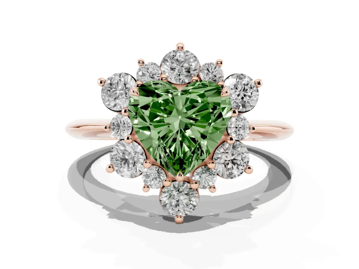 Fancy Green Heart Cut Diamond Cluster Halo Ring with Solitaire Band and Four-Prong Setting Rose gold