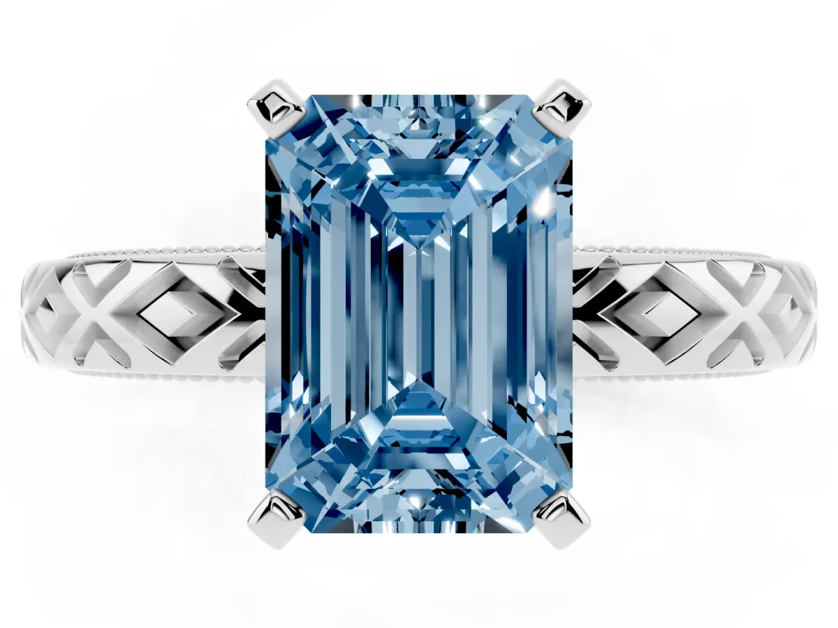Fancy Blue Emerald Cut Solitaire Diamond Ring with Milgrain and Black Enamel X Pattern Band Silver