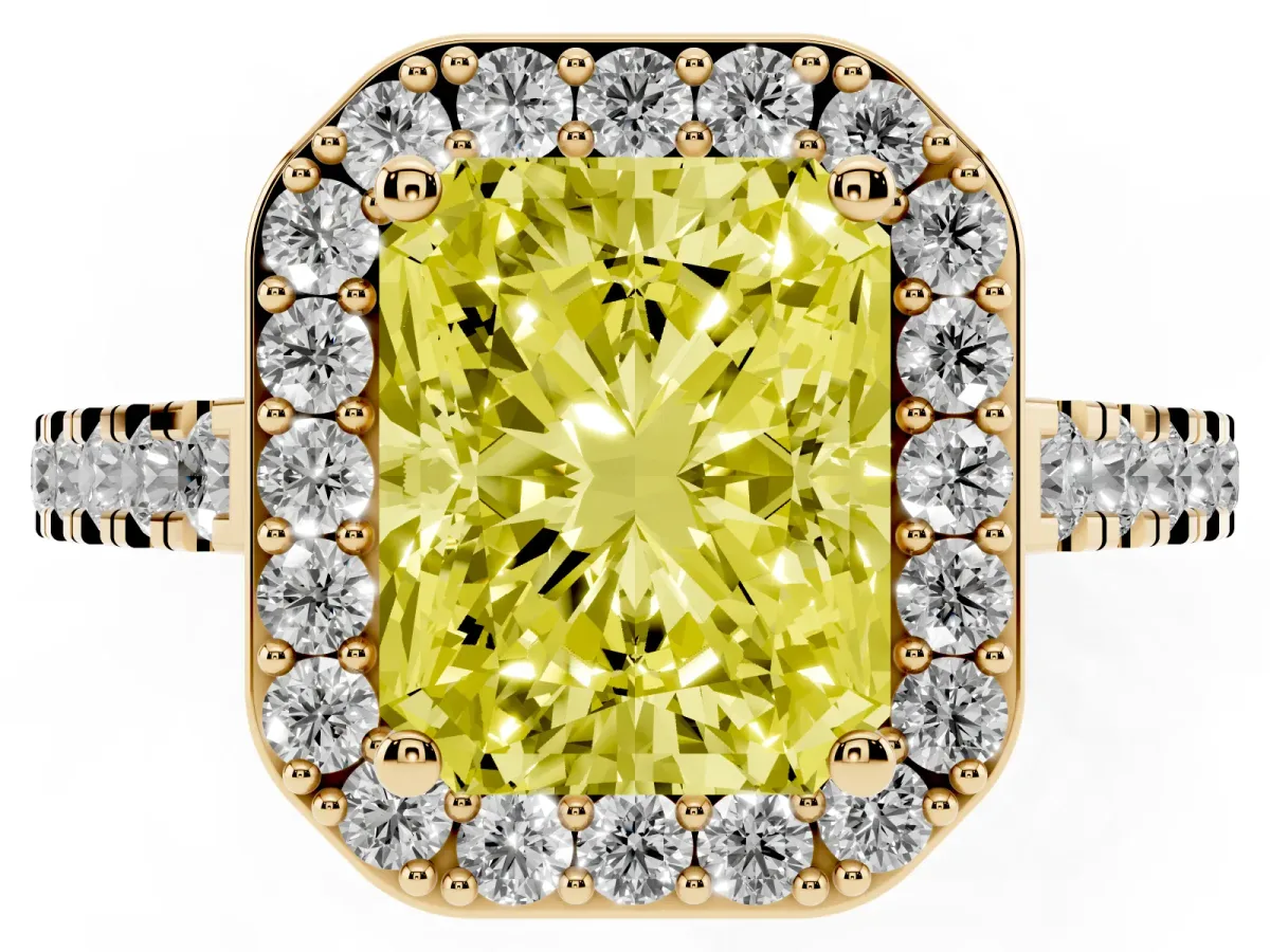 Fancy Yellow Radiant Cut Diamond Halo Ring with Round Pavé Split Shank and Prong Setting Yellow gold