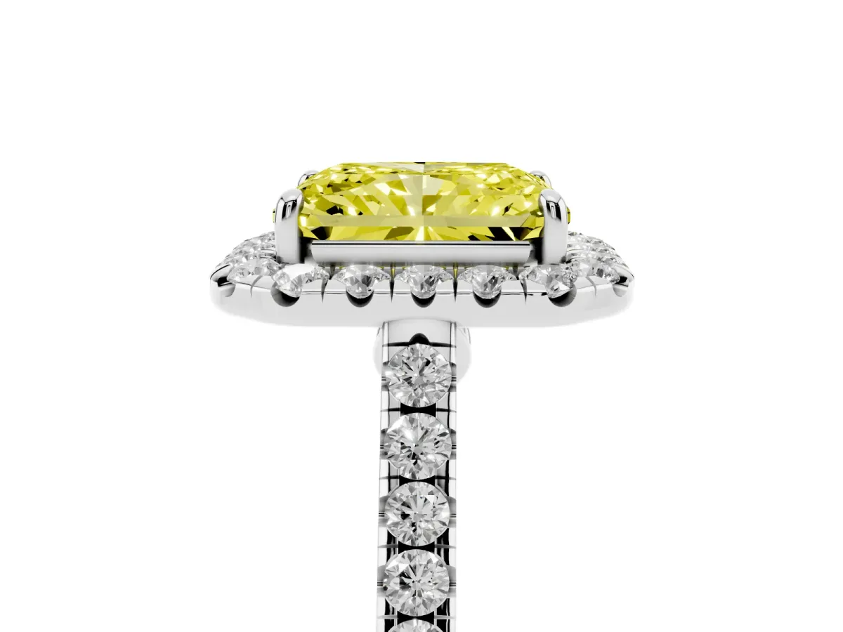 Fancy Yellow Radiant Cut Halo Pave Diamond Engagement Ring with Four-Prong Setting Silver
