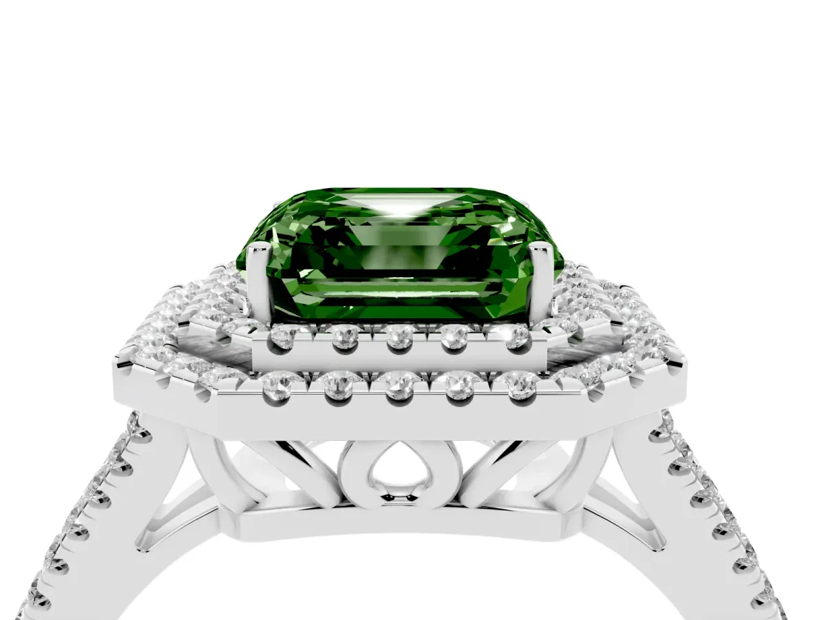 Fancy Green Asscher Cut Diamond Double Halo Ring with Pavé Band and Prong Setting Silver