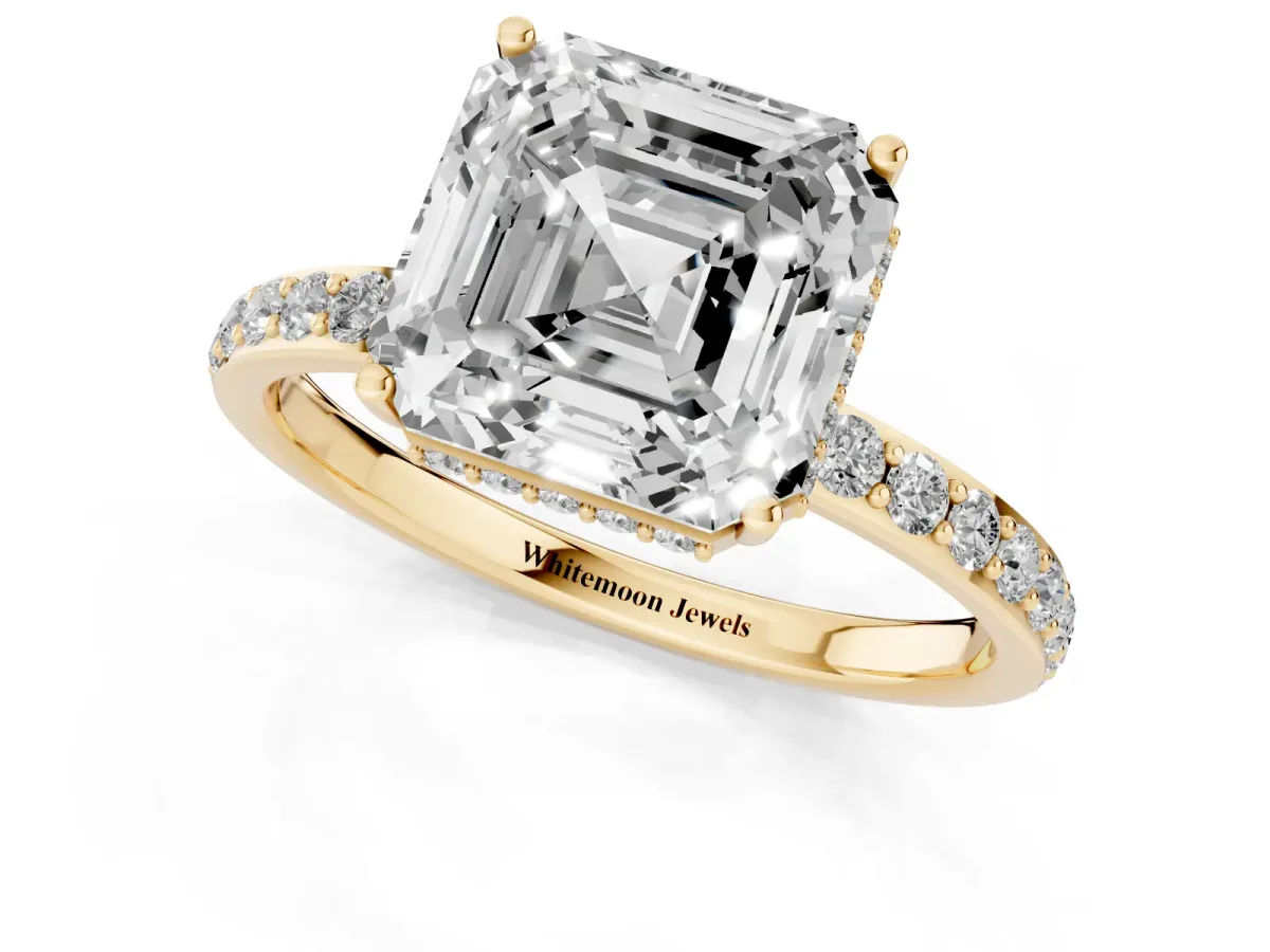 Asscher Cut Diamond Solitaire Ring with Pavé Band and Hidden Halo Yellow gold