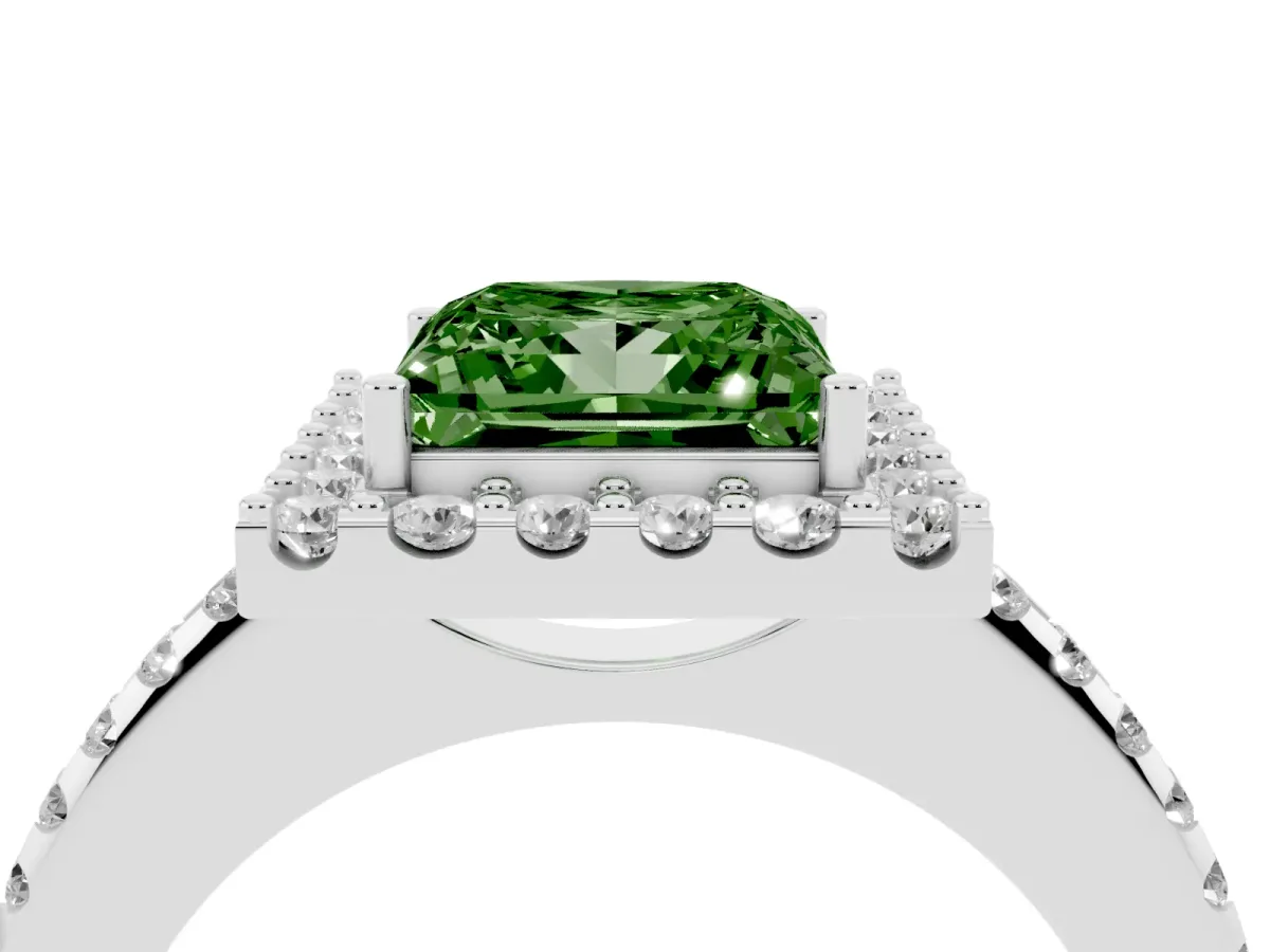 Fancy Green Princess Cut Diamond Pavé Halo Ring with Four-Prong Setting Silver