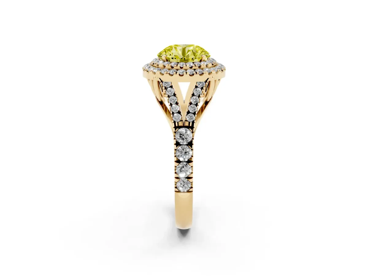 Fancy Yellow Round Cut Diamond Double Halo Ring with Split Shank and Prong Setting Yellow gold