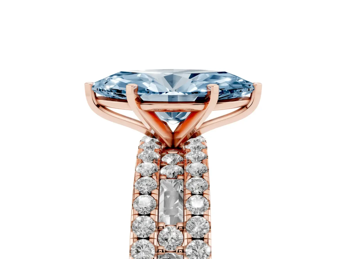 Fancy Blue Marquise Cut Diamond Solitaire Ring with Pavé and Channel Set Band Rose gold