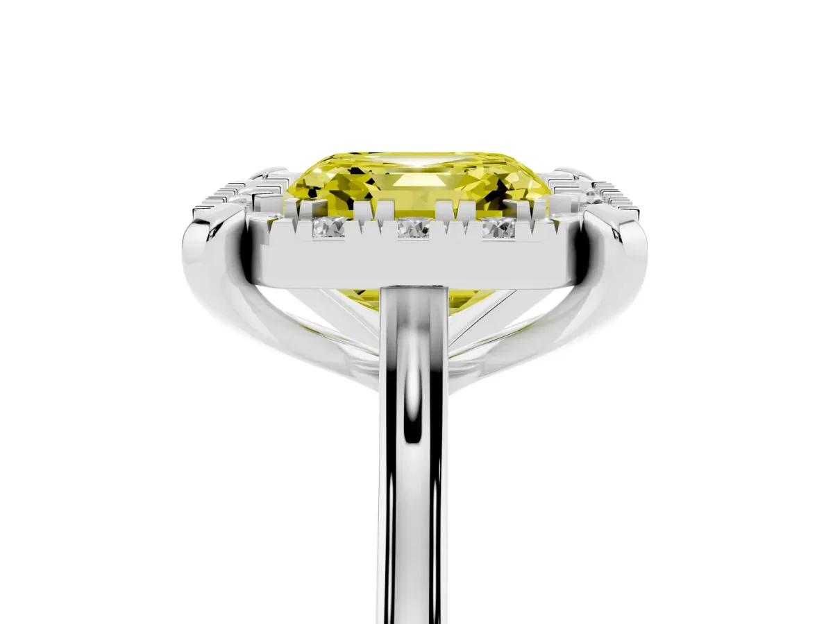 Fancy Yellow Asscher Cut Diamond Cluster Halo Solitaire with Four-Prong Setting Silver