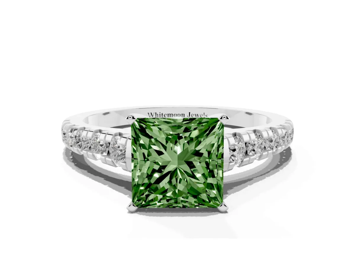 Fancy Green Princess Cut Diamond Cathedral Solitaire Ring with Round Pavé Band Silver