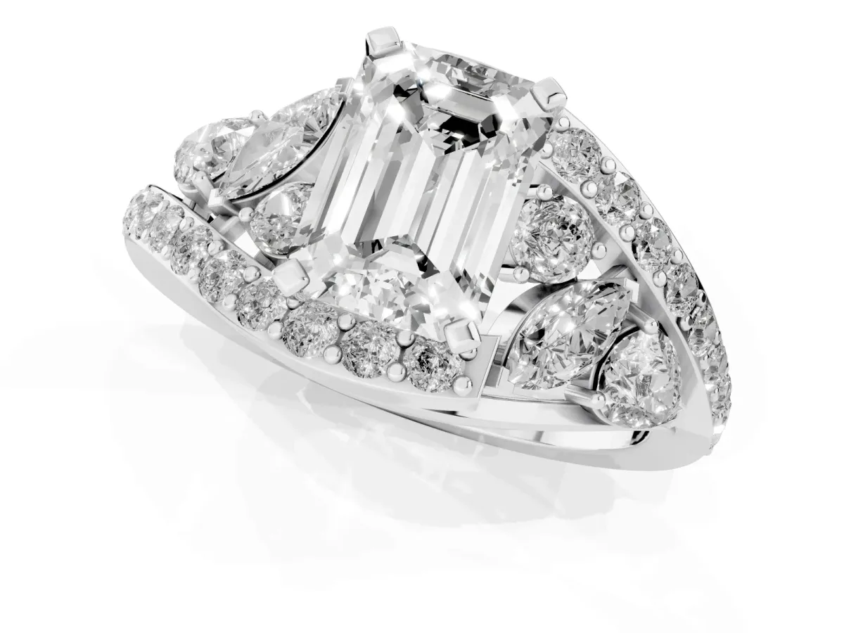 Emerald Cut Diamond Halo Ring with Marquise and Pavé Band in Prong Setting Platinum