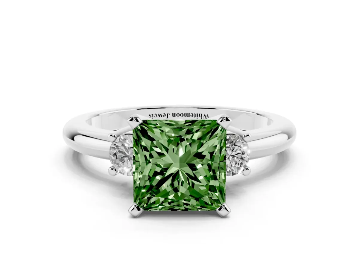 Fancy Green Three-Stone Princess Cut Cut Diamond Solitaire with Prong Setting and Classic Band Silver
