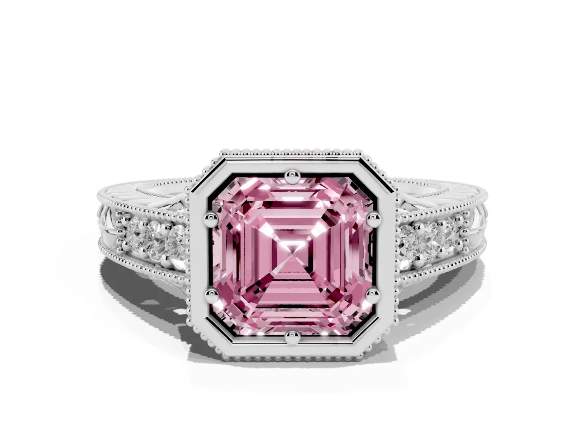 Fancy Pink Bezel Set Asscher Cut Diamond Milgrain Pave Engagement Ring Platinum