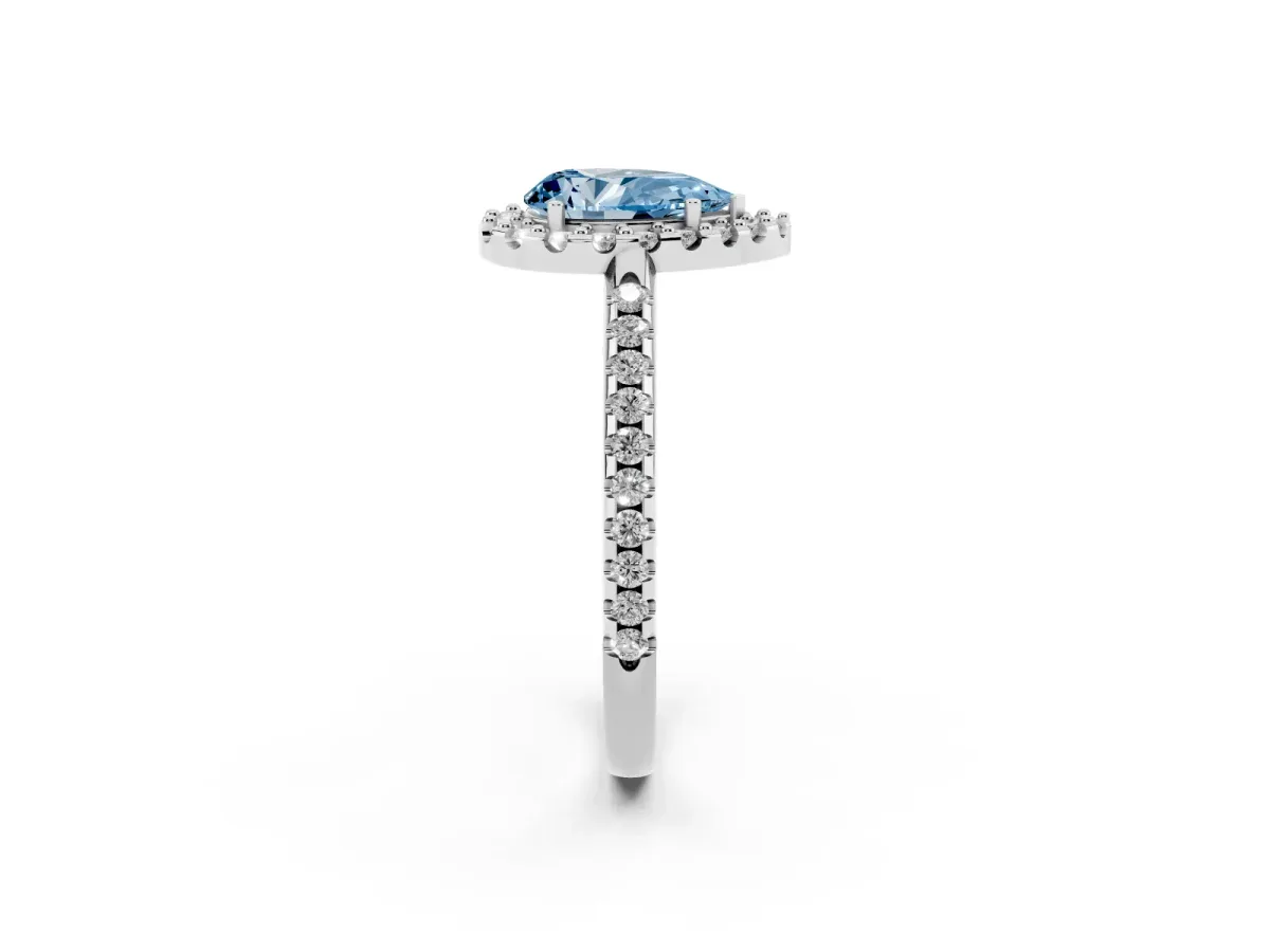 Fancy Blue Pear Cut Diamond Pavé Halo Ring with Four-Prong Setting Silver