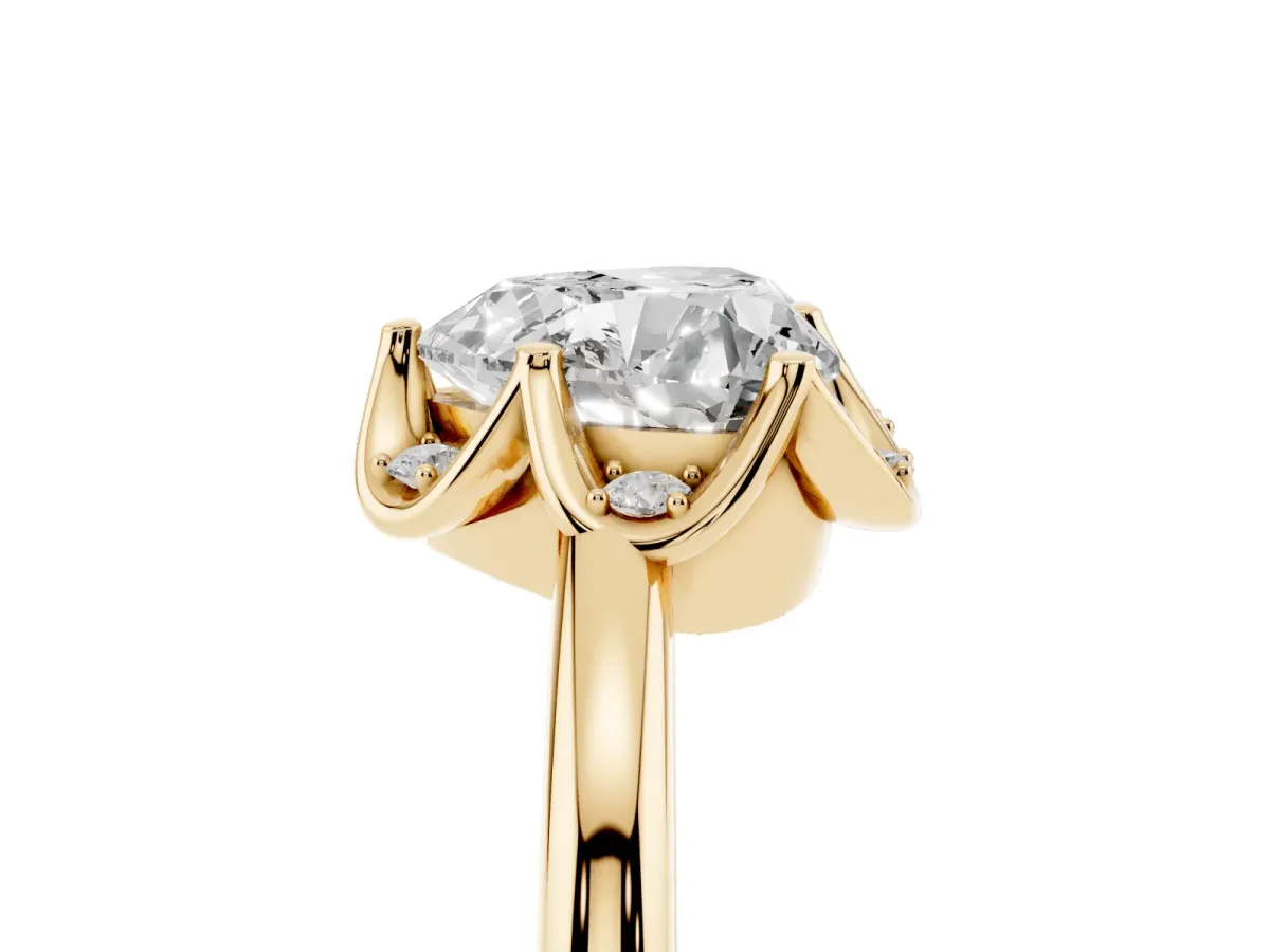 Heart Cut Halo Diamond Ring with Round Cluster Setting, Solitaire Band, and Four-Prong Setting Yellow gold
