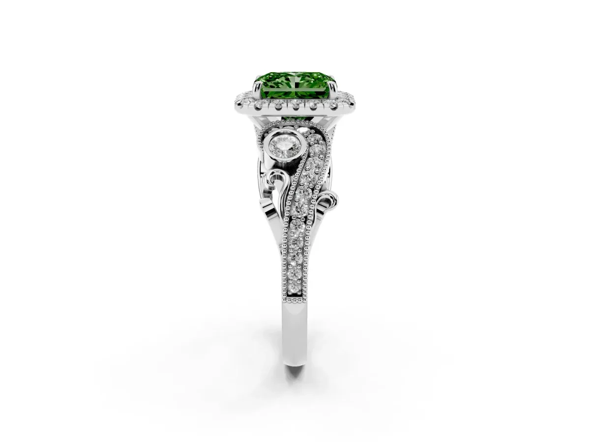 Fancy Green Radiant Cut Diamond Halo Ring with Milgrain Pavé Band and Four-Prong Setting Platinum