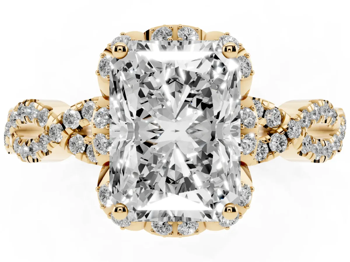 Radiant Cut Halo Twist Band Solitaire Ring with Six-Prong Setting Yellow gold