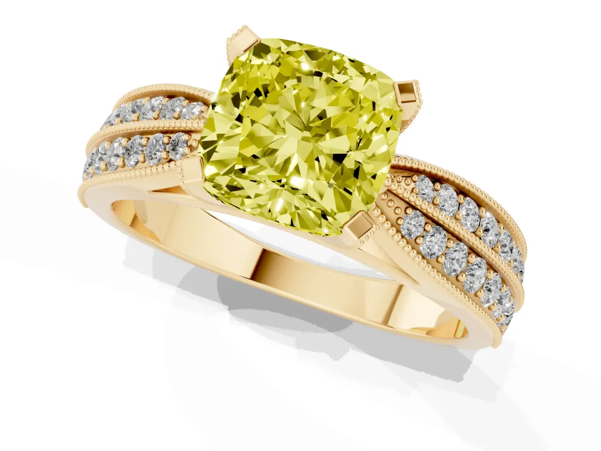 Fancy Yellow Cushion Cut Diamond Solitaire Ring with Milgrain Round Pavé Band and Prong Setting Yellow gold