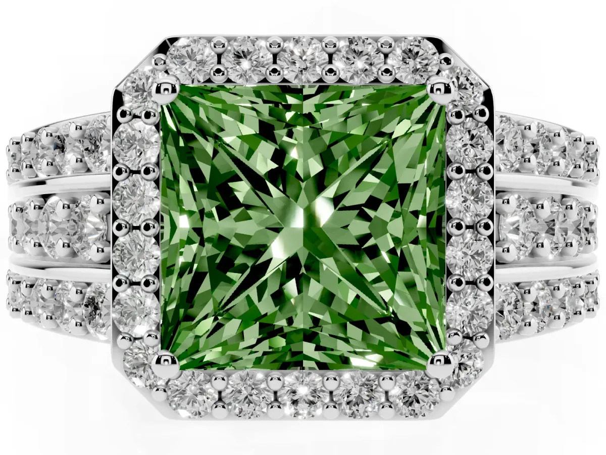Fancy Green Princess Cut Halo Diamond Ring with Round Split Shank and Prong Setting Silver