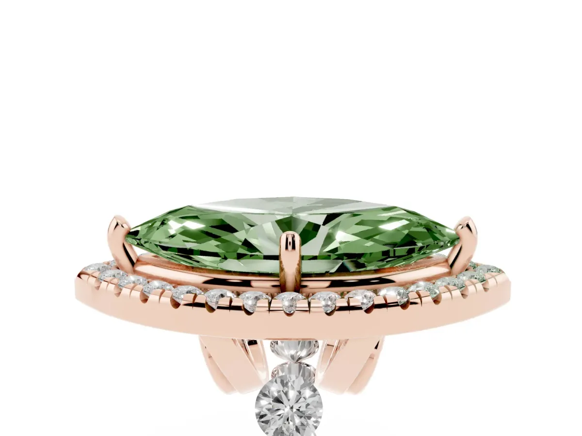 Fancy Green Marquise Cut Halo Pavé Diamond Engagement Ring with Four-Prong Setting Rose gold
