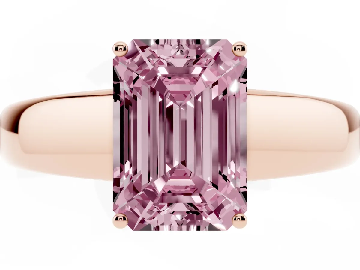 Fancy Pink Emerald Cut Solitaire Diamond Ring with Tapered Band and Four-Prong Setting Rose gold