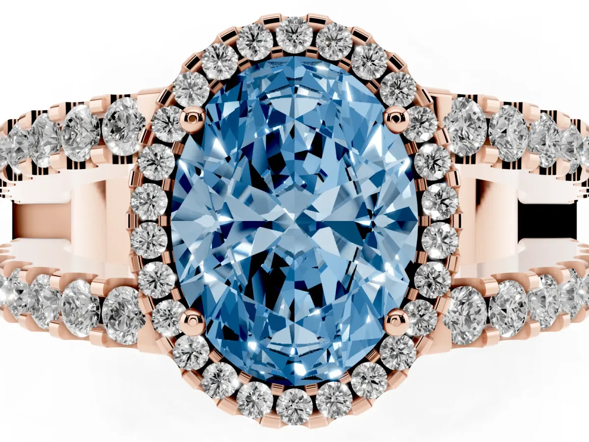 Fancy Blue Oval Cut Cut Halo Split Shank Diamond Ring with Four-Prong Setting Rose gold