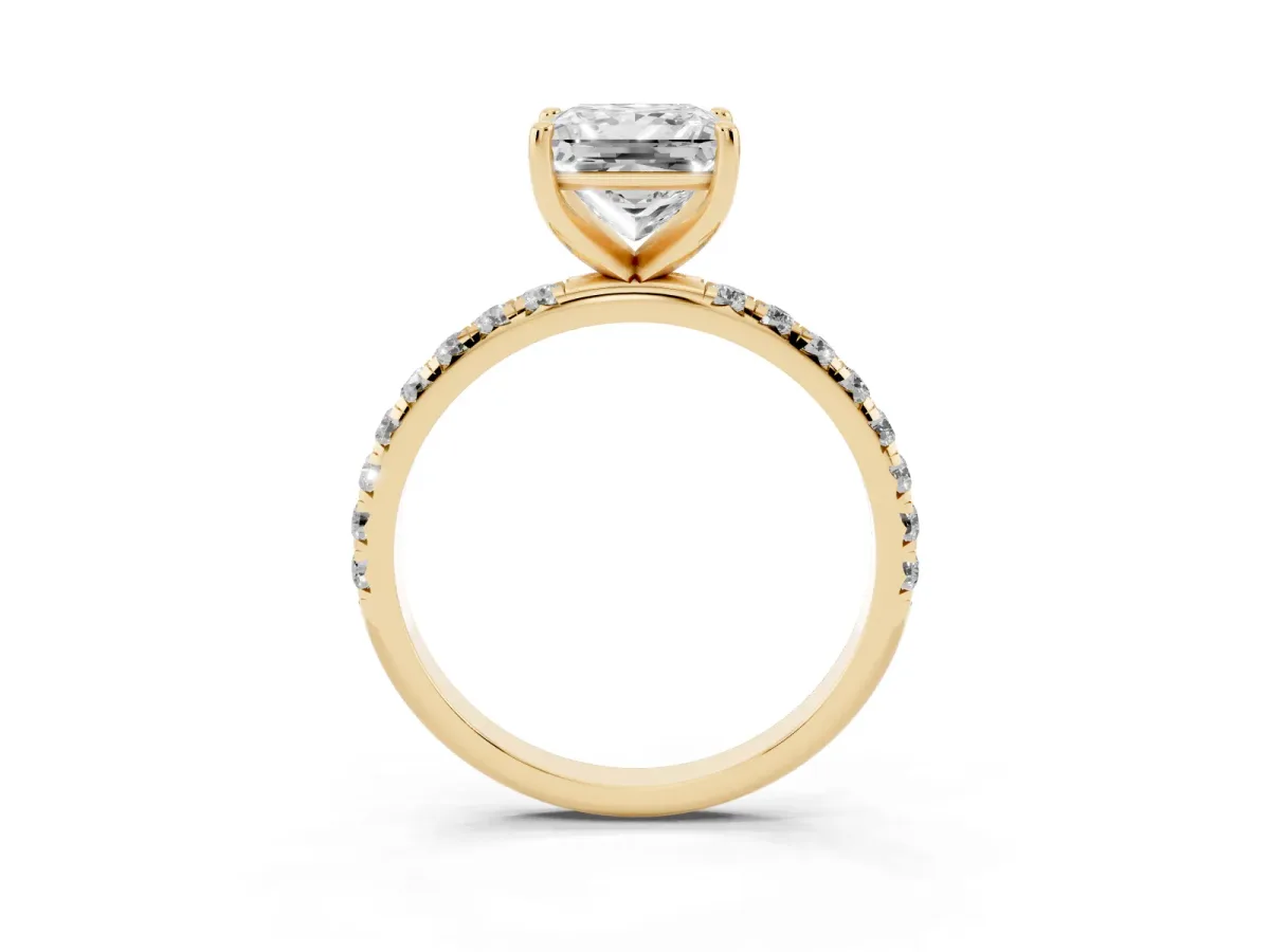 Princess Cut Cut Diamond Solitaire Ring with Micro Pave Band and Four Prong Setting Yellow gold