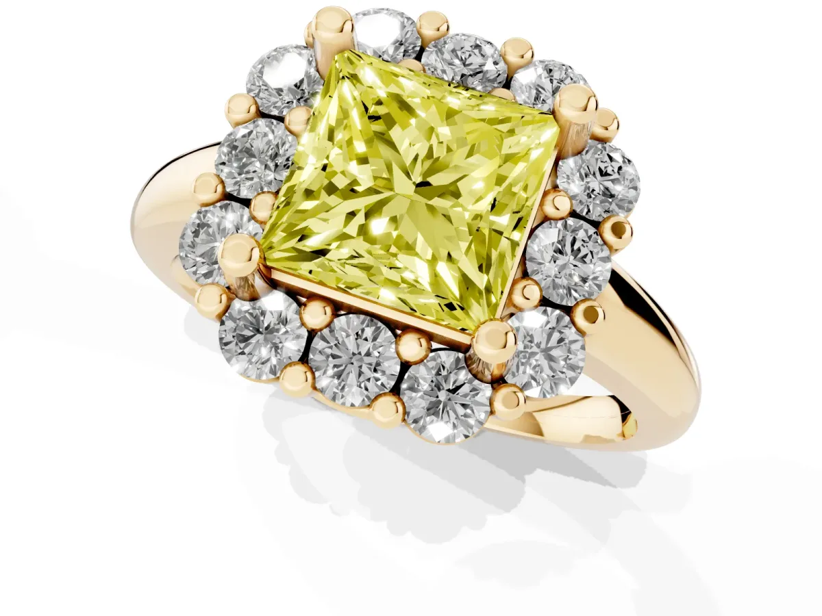 Fancy Yellow Princess Cut Halo Cluster Diamond Engagement Ring with Prong Setting and Polished Band Yellow gold