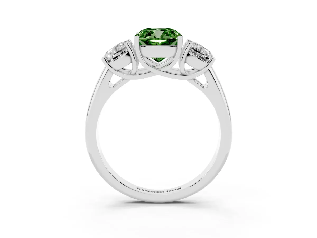 Fancy Green Three-Stone Cushion Cut Diamond Engagement Ring with Prong Setting White gold