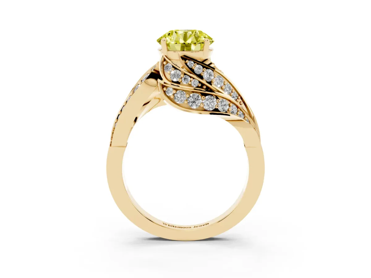Fancy Yellow Round Cut Diamond Solitaire Ring with Prong Setting and Twisted Pavé Band Yellow gold