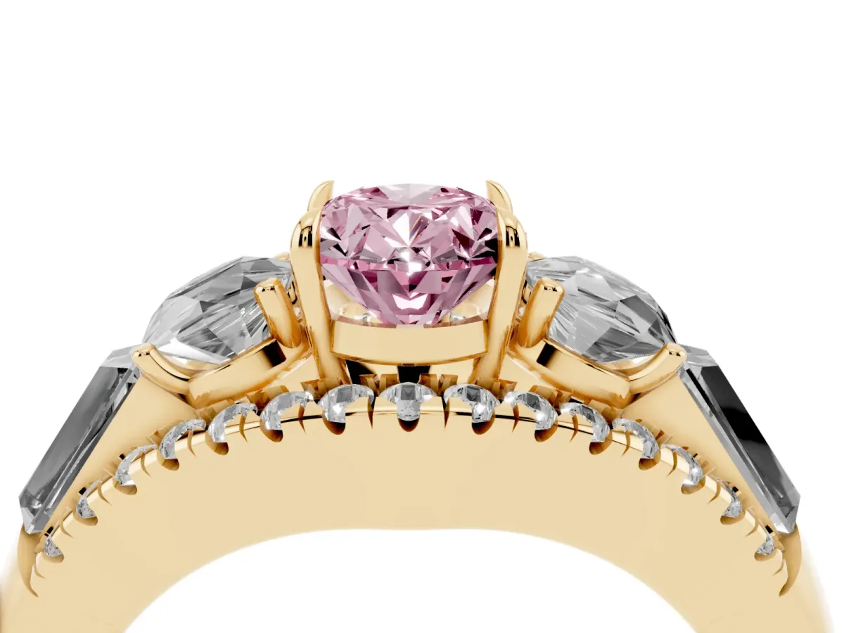 Fancy Pink Three-Stone Oval Cut Diamond Engagement Ring with Pave Band and Prong Setting Yellow gold