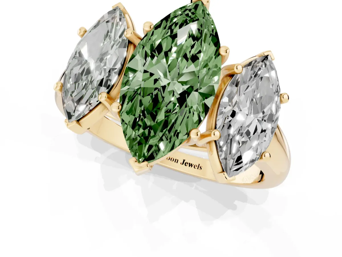 Fancy Green Three-Stone Marquise Cut Diamond Engagement Ring with Prong Setting Yellow gold
