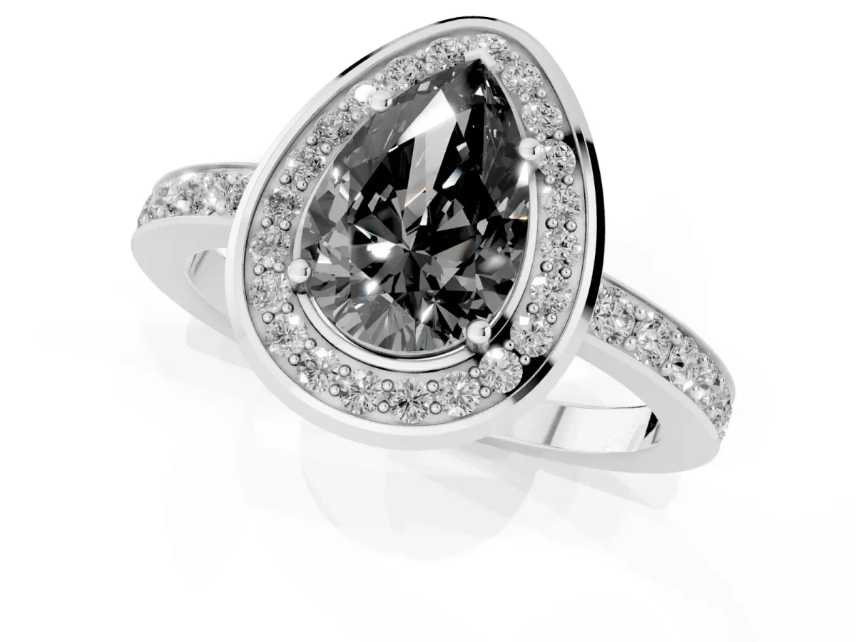 Fancy Black Pear Cut Diamond Halo Ring with Bezel Frame and Pavé Band Silver