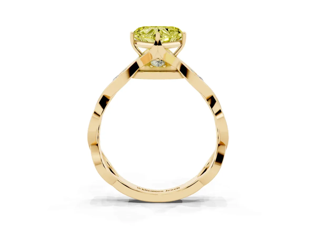 Fancy Yellow Heart Cut Solitaire Twist Band with Leaf Prong Setting Yellow gold