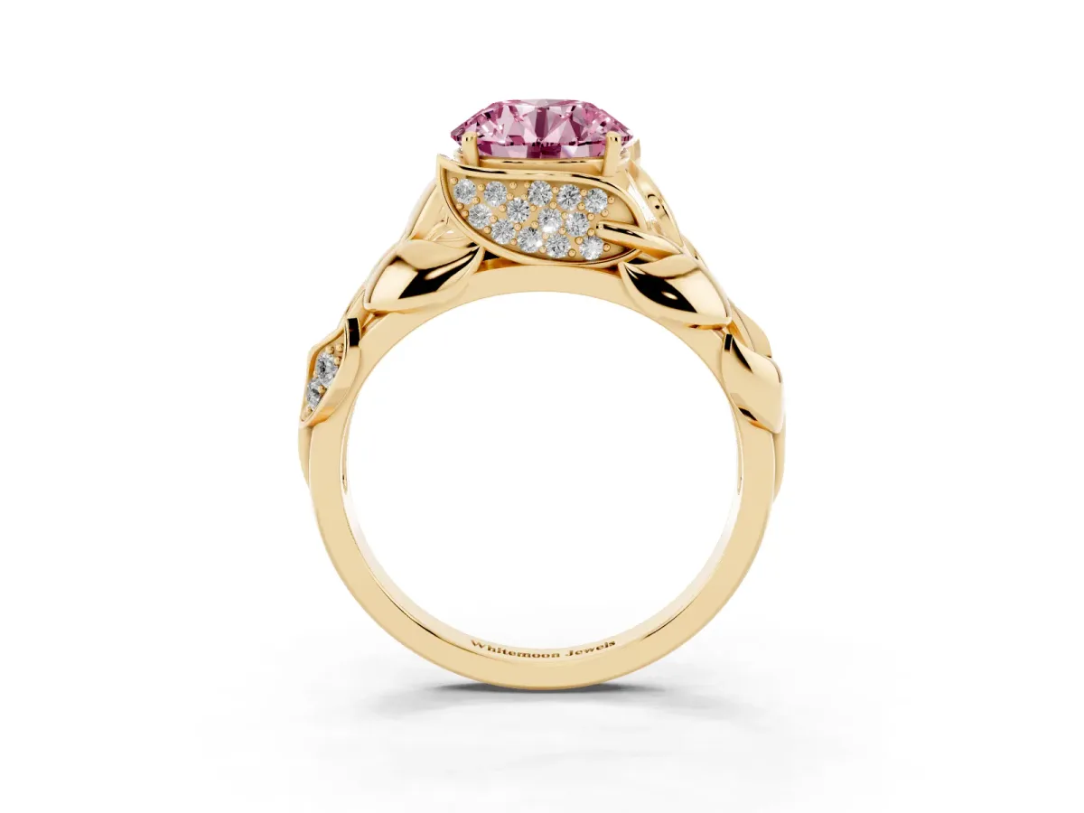Fancy Pink Round Cut Diamond Leaf-Inspired Engagement Ring with Round Accents and Prong Setting Yellow gold