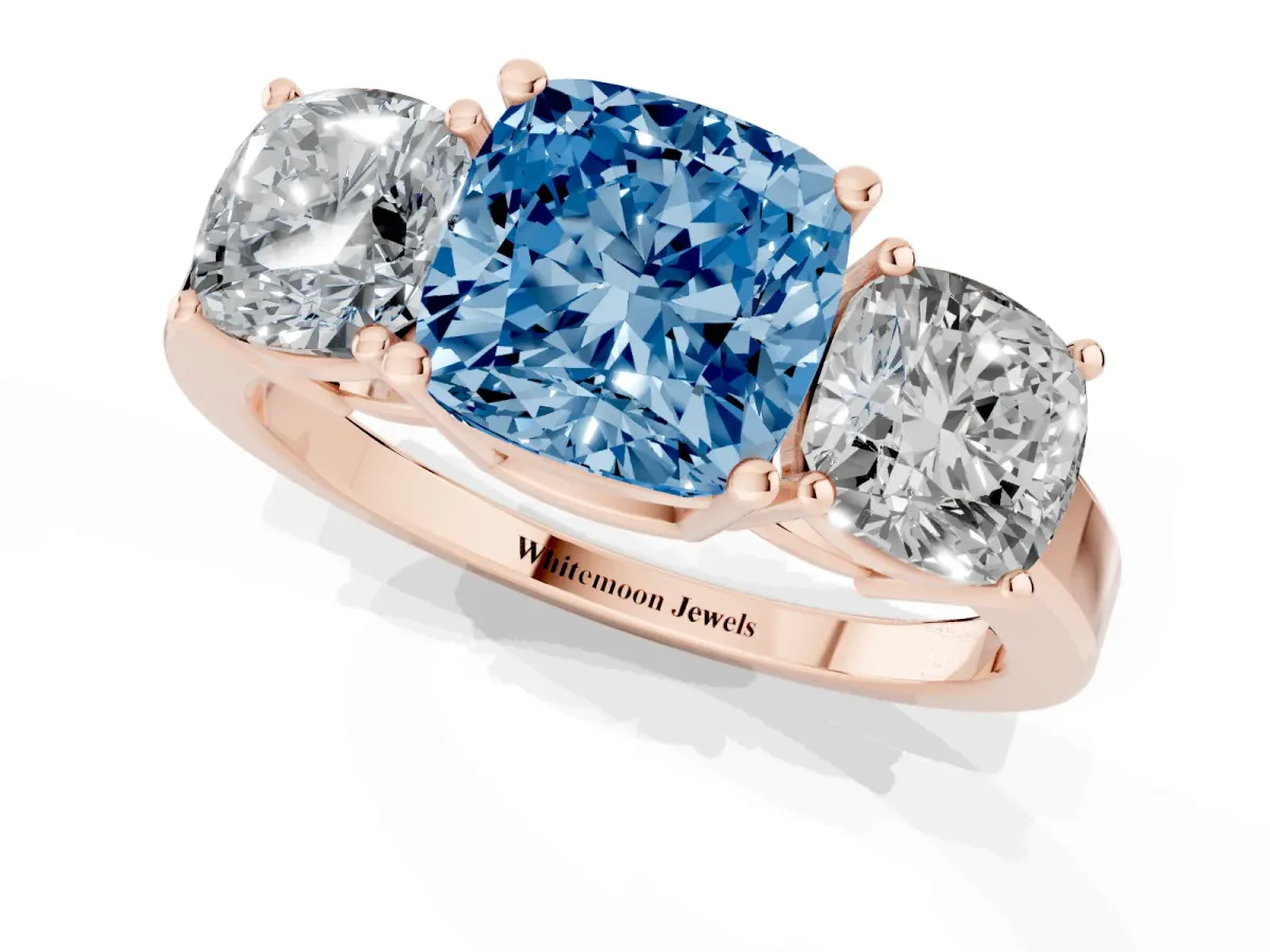 Fancy Blue Three-Stone Cushion Cut Cut Diamond Engagement Ring with Flat Band and Four-Prong Setting Rose gold