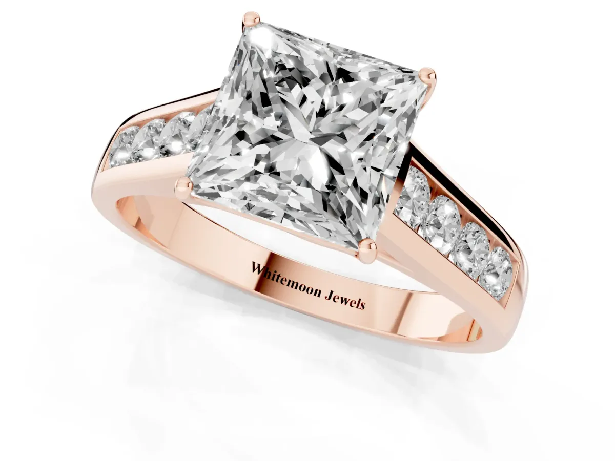 Princess Cut Brilliant Channel-Set Solitaire Ring with Four-Prong Setting Rose gold