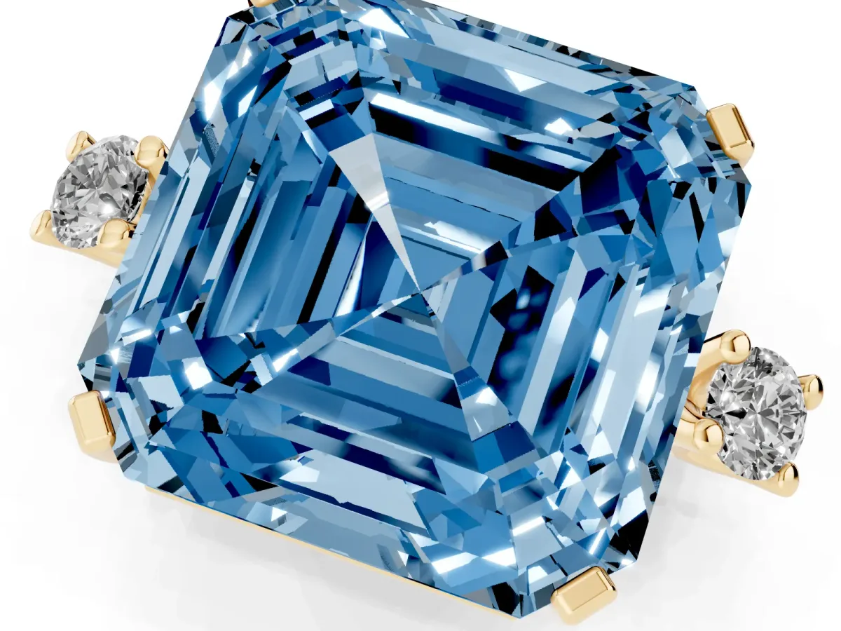 Fancy Blue Asscher Cut Cut Three-Stone Solitaire Ring with Round Accent Diamonds and Four-Prong Setting Yellow gold