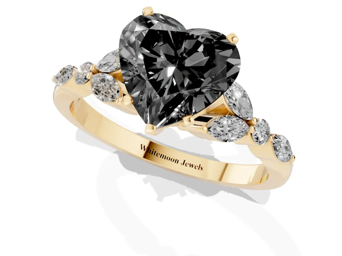 Fancy Black Heart Cut Diamond Solitaire Ring with Side Stones and Four-Prong Setting Yellow gold