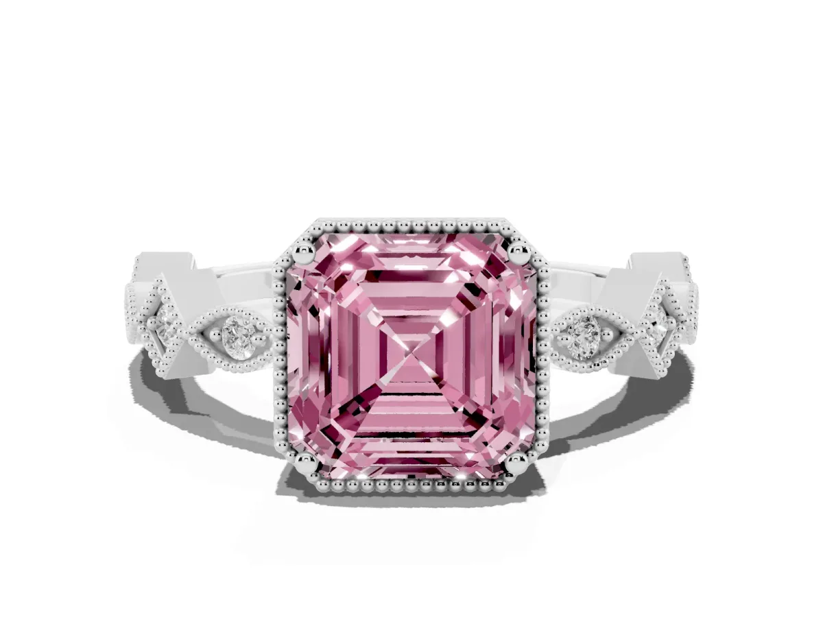 Fancy Pink Asscher Cut Milgrain Marquise Diamond Twist Band Ring Silver