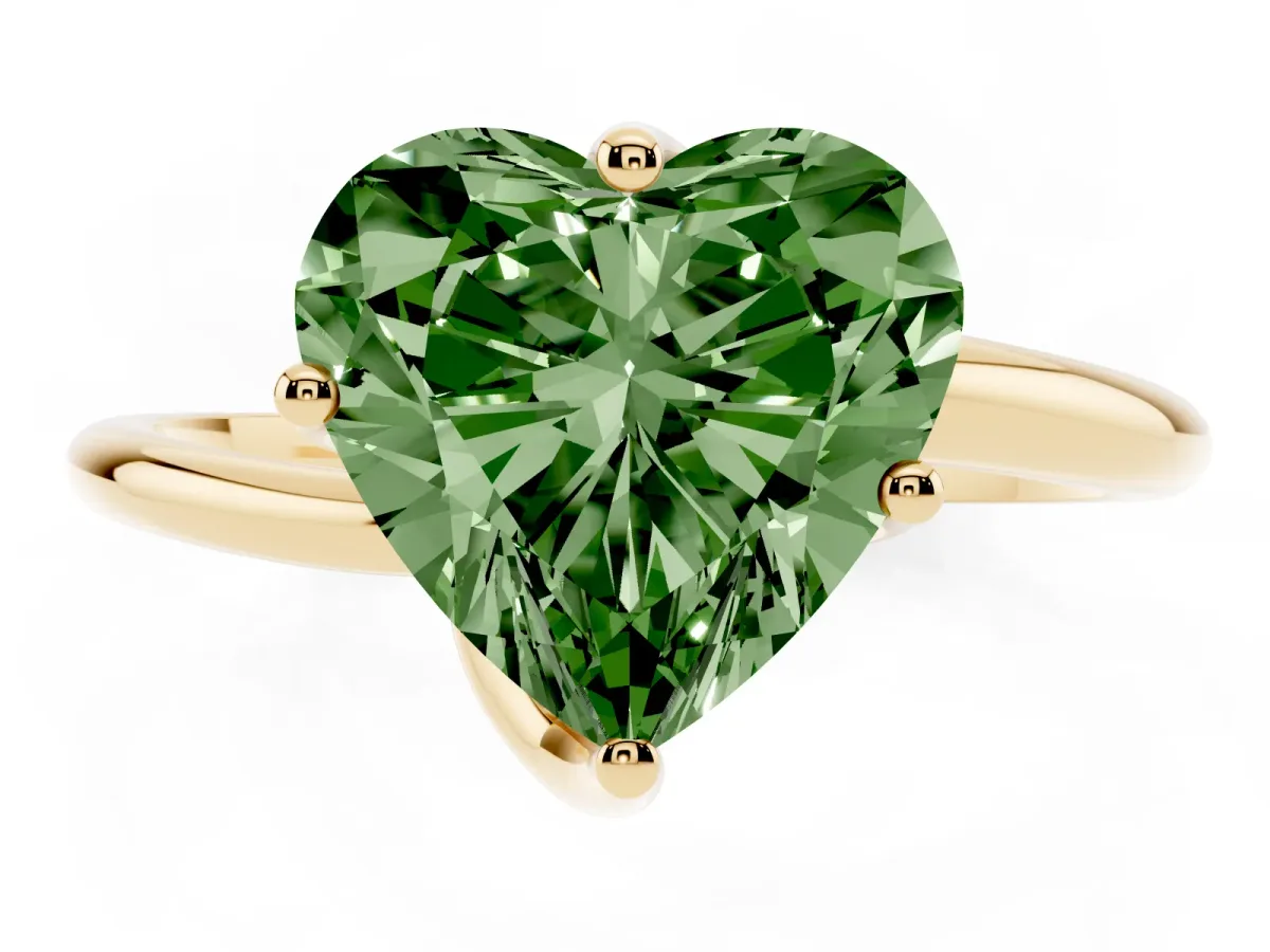 Fancy Green Heart Cut Diamond Solitaire Engagement Ring with Four-Prong Setting and Classic Band Yellow gold