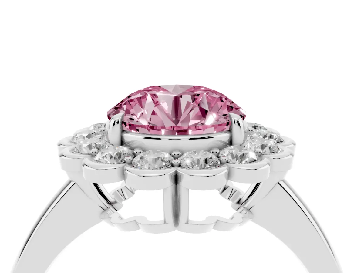 Fancy Pink Round Cut Halo Cluster Diamond Engagement Ring with Solitaire Band and Prong Setting Platinum