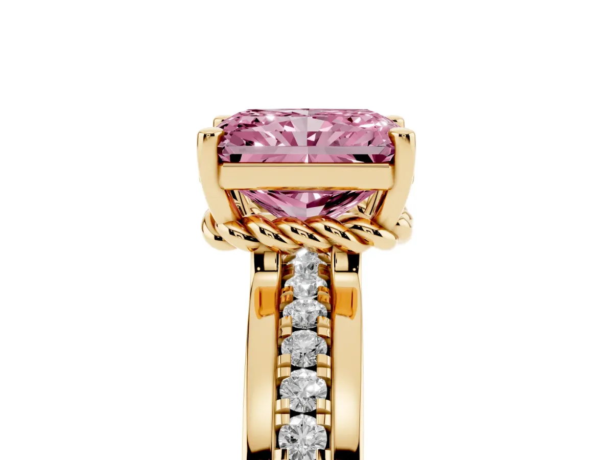 Fancy Pink Radiant Cut Solitaire Diamond Ring with Channel Set Band and Six-Prong Setting Yellow gold