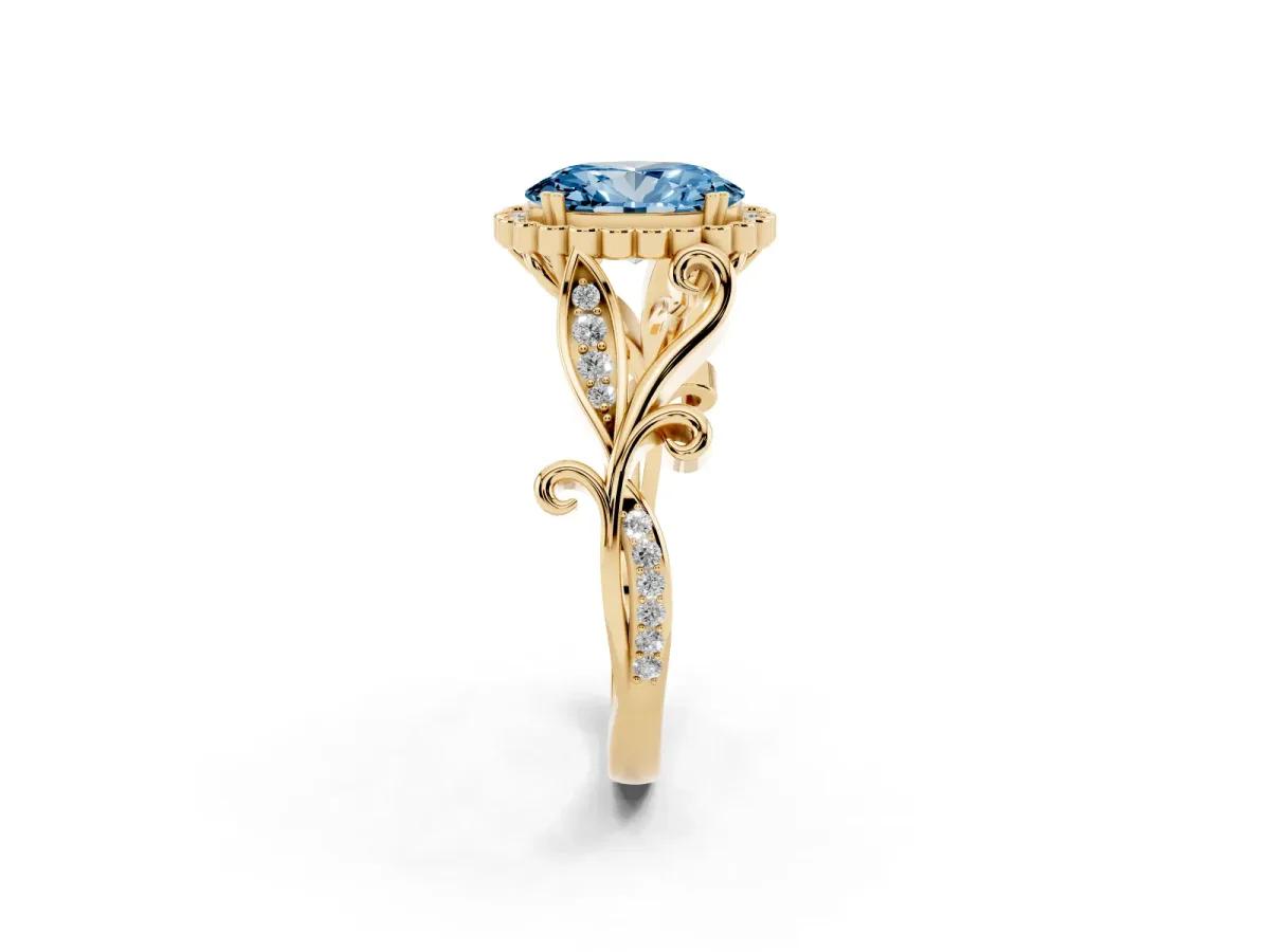 Fancy Blue Oval Cut Diamond Halo Ring with Vintage Split Shank and Four-Prong Setting Yellow gold