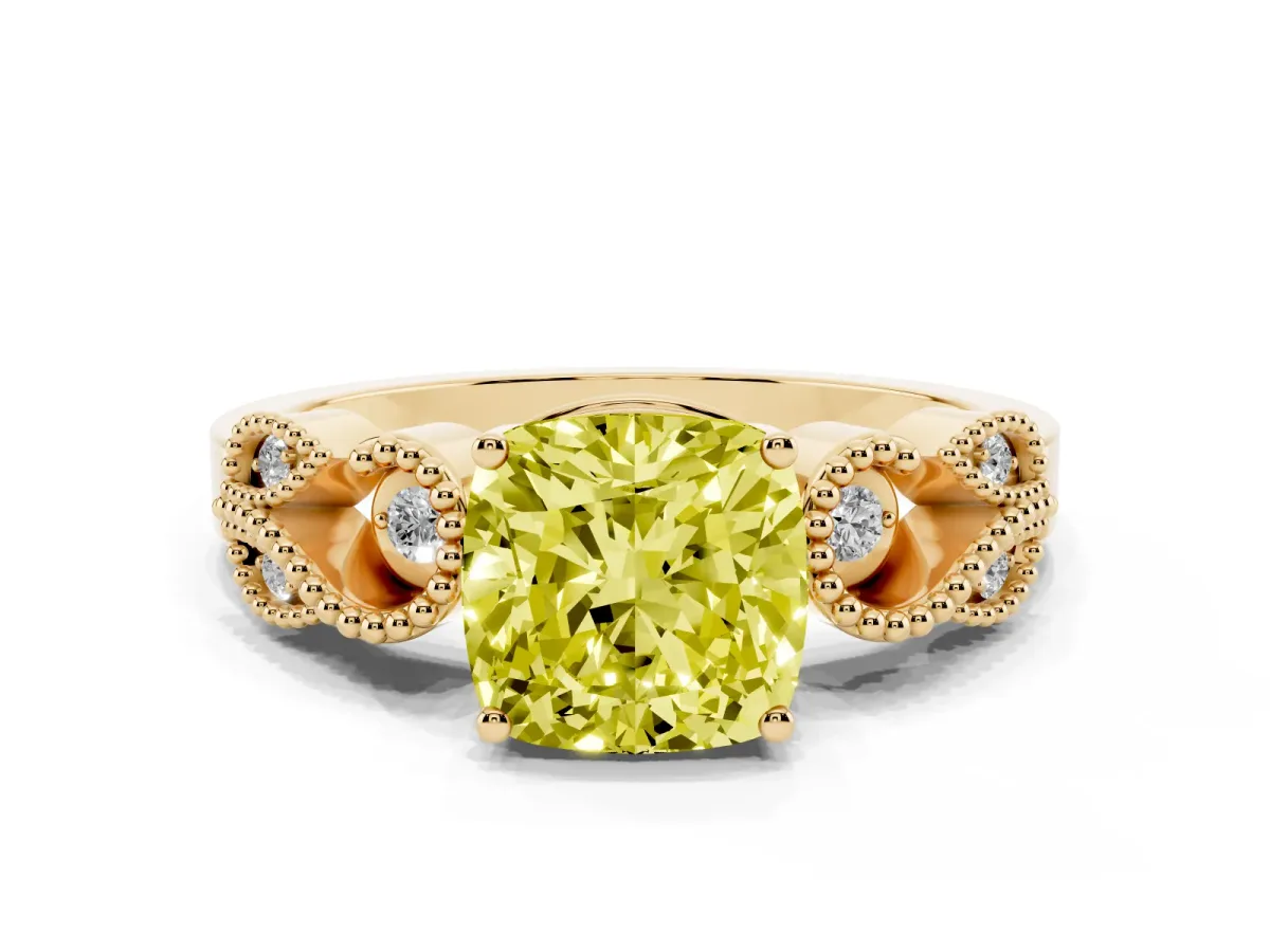 Fancy Yellow Cushion Cut Solitaire Milgrain Leaf Band with Prong Setting Yellow gold