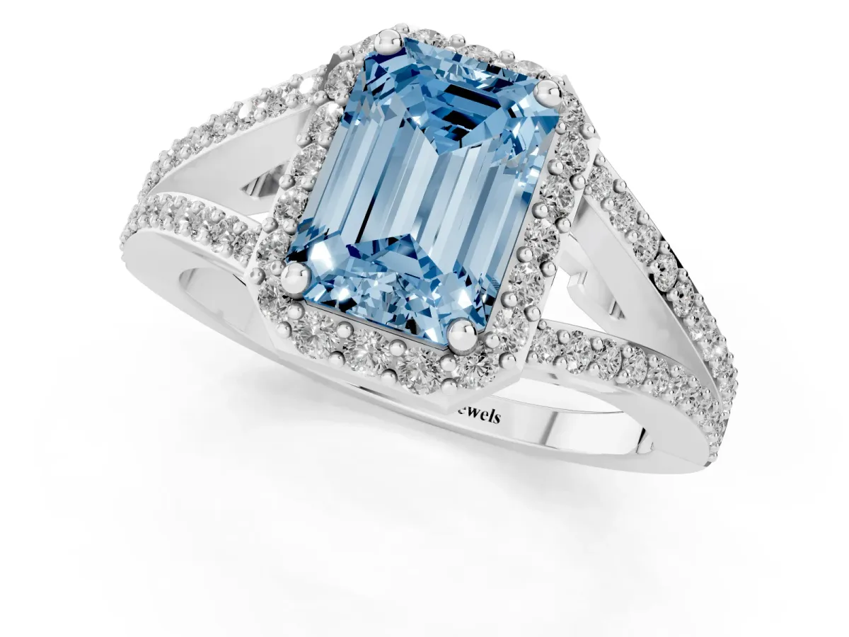 Fancy Blue Emerald Cut Halo Split Shank Pave Diamond Ring with Four-Prong Setting Silver