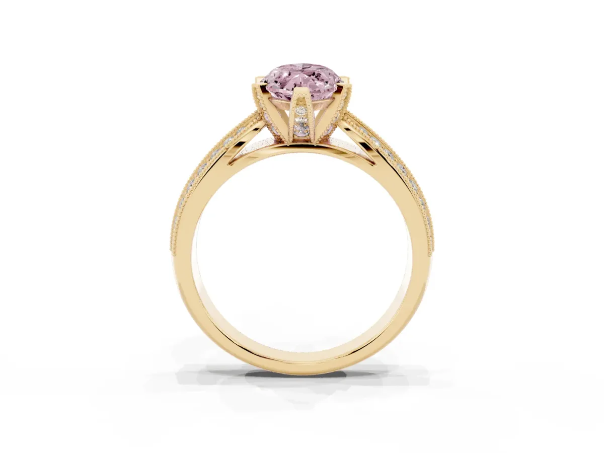 Fancy Pink Marquise Cut Diamond Solitaire Ring with Milgrain Round Pavé Band and Prong Setting Yellow gold