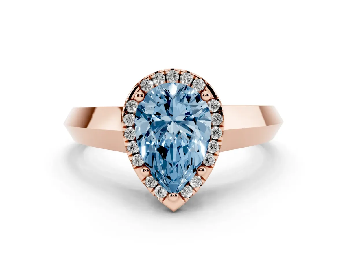Fancy Blue Pear Cut Halo Diamond Ring with Cathedral Band and Four-Prong Setting Rose gold