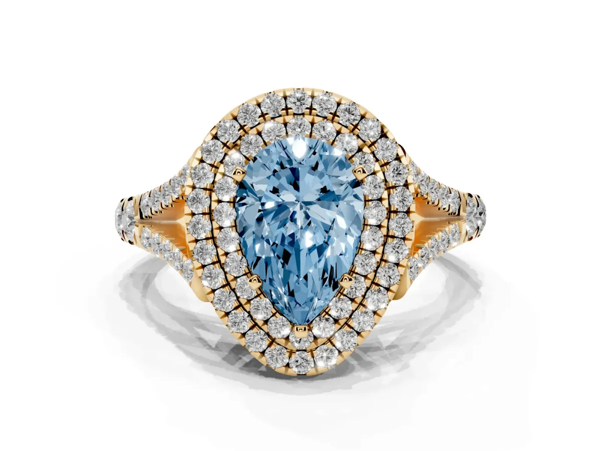 Fancy Blue Double Halo Pear Cut Diamond Split Shank Engagement Ring with Four-Prong Setting Yellow gold