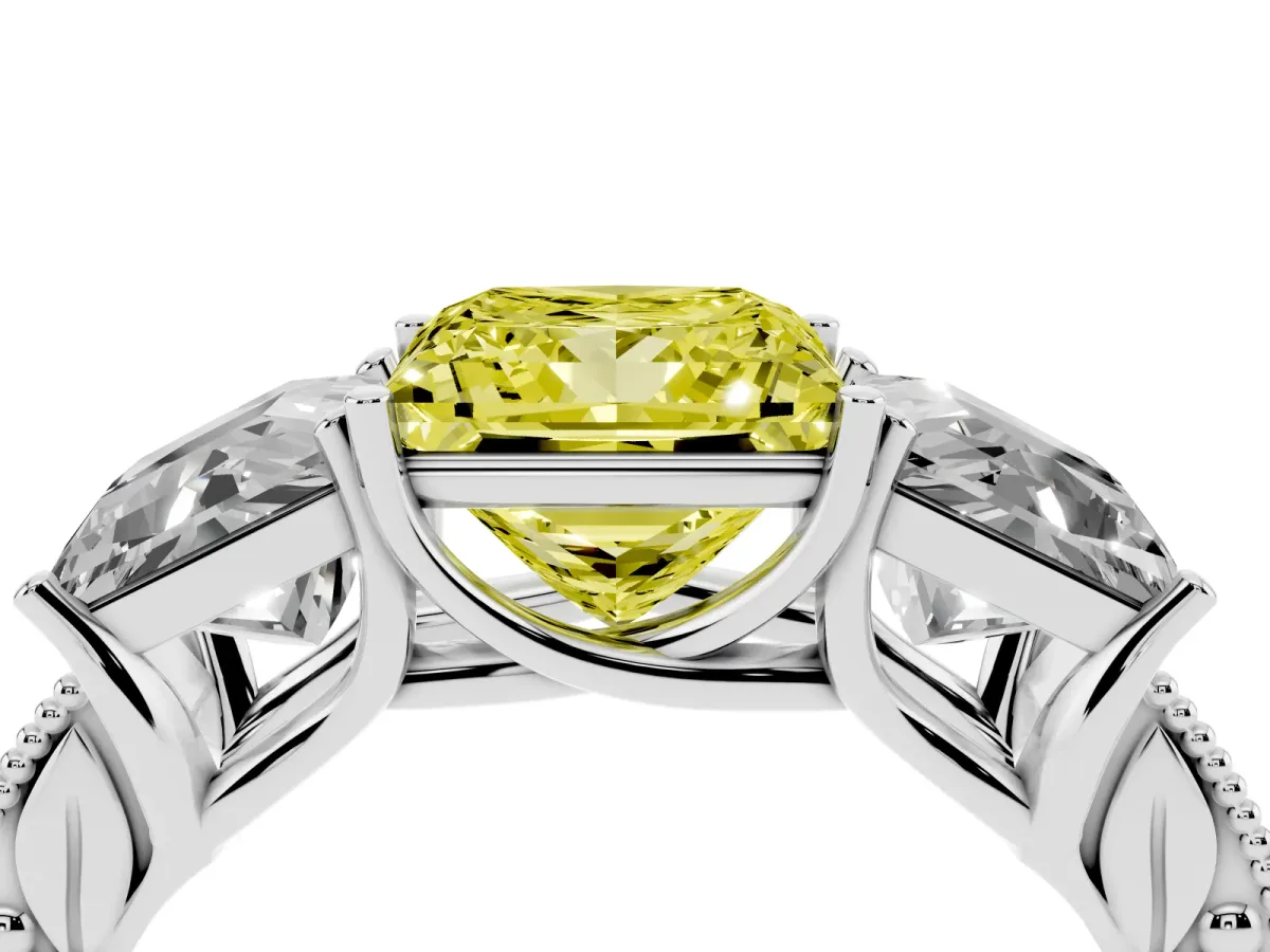 Fancy Yellow Three-Stone Princess Cut Cut Milgrain Pavé Engagement Ring Silver